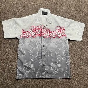 Street Culture Mens Hibiscus Floral Ombre Button Down Shirt Grey Red Medium